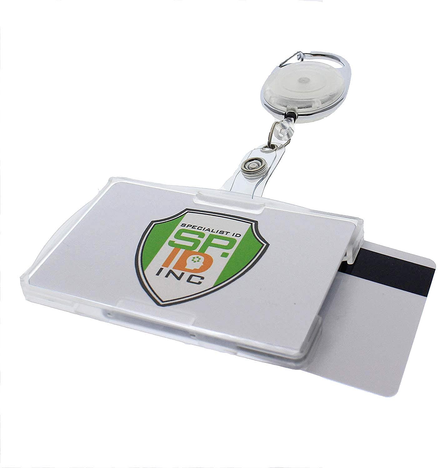 ID Card It Black Badge Reel with Clear 2-sided Double Rigid Identity Card Pass Badge Holder 50 