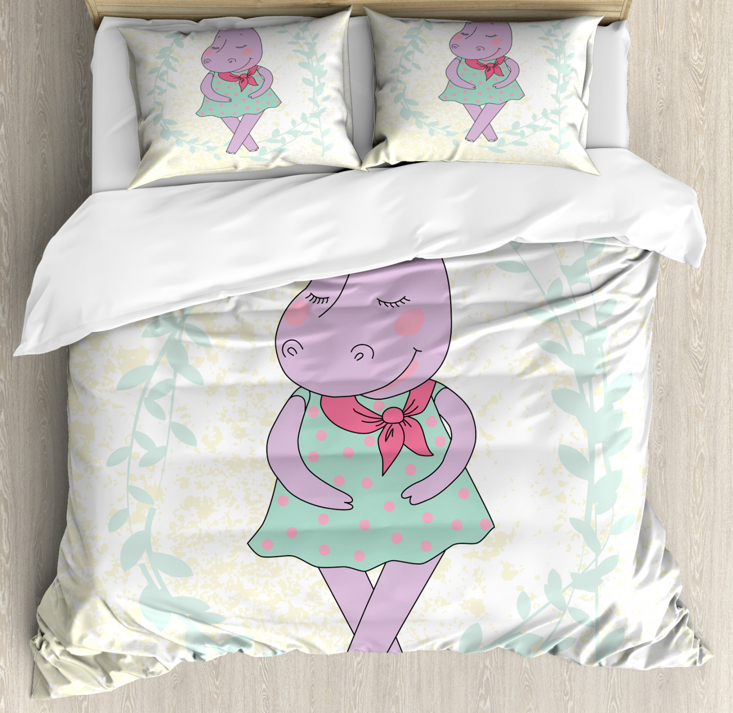 Hippo Queen Size Duvet Cover Set, Hippie Animal Hippopotamus Girl with