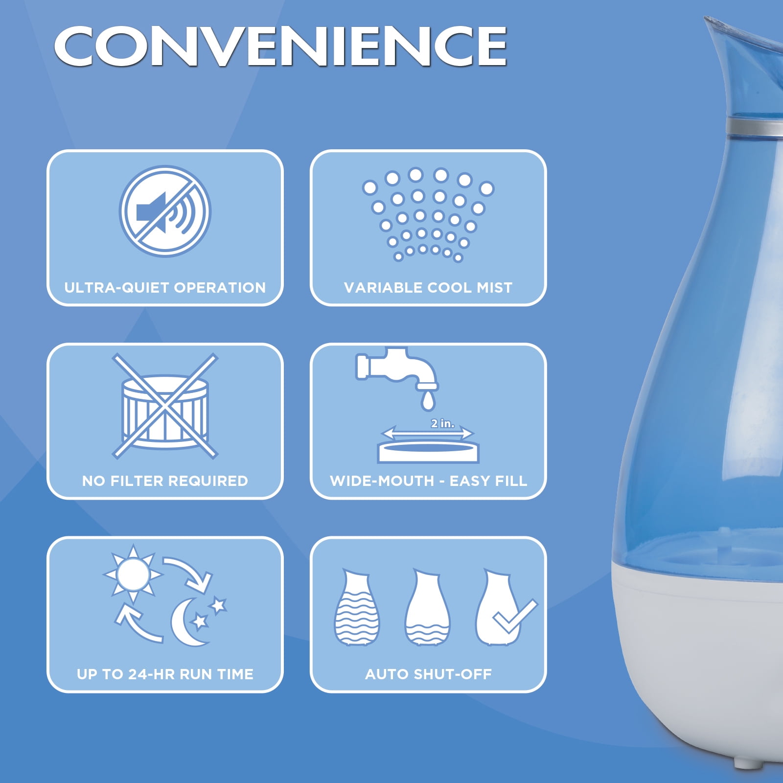HealthWise Cool Mist Ultrasonic Humidifier | For Medium Size Rooms | No Filter Required | 24 Hour Run Time, Blue, 2.6L