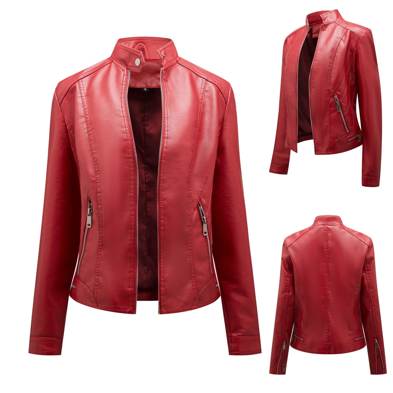 YOIAVAIOY Moto Jackets for Women Faux Leather Cropped Jacket Long Sleeve Zip Up Bomber Jacket Slim Biker Coat Wine L