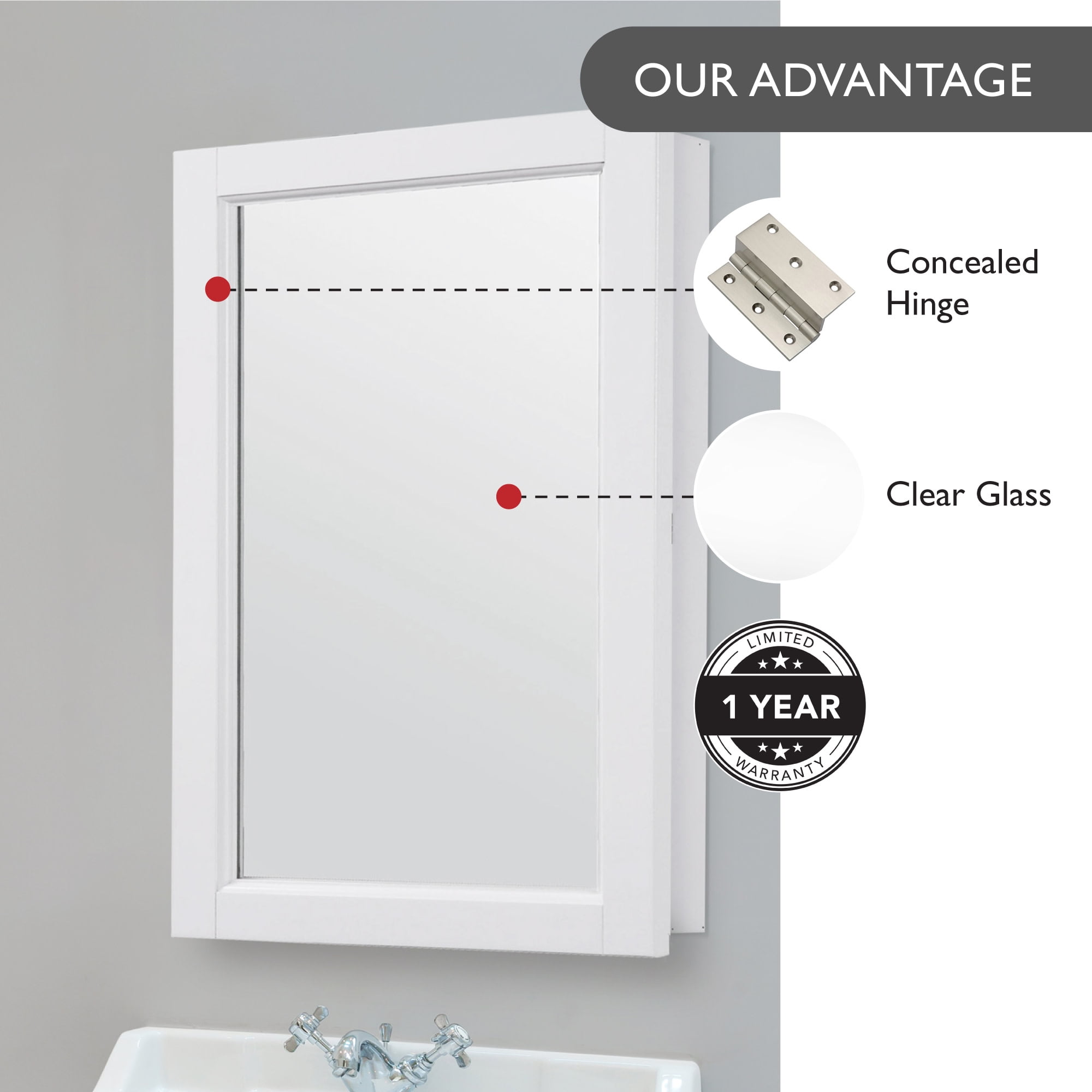 16 Inch Concord Bathroom Medicine Cabinet, Surface Mounted, 1 Door Mirror,  White – Design House, 590505-WHT