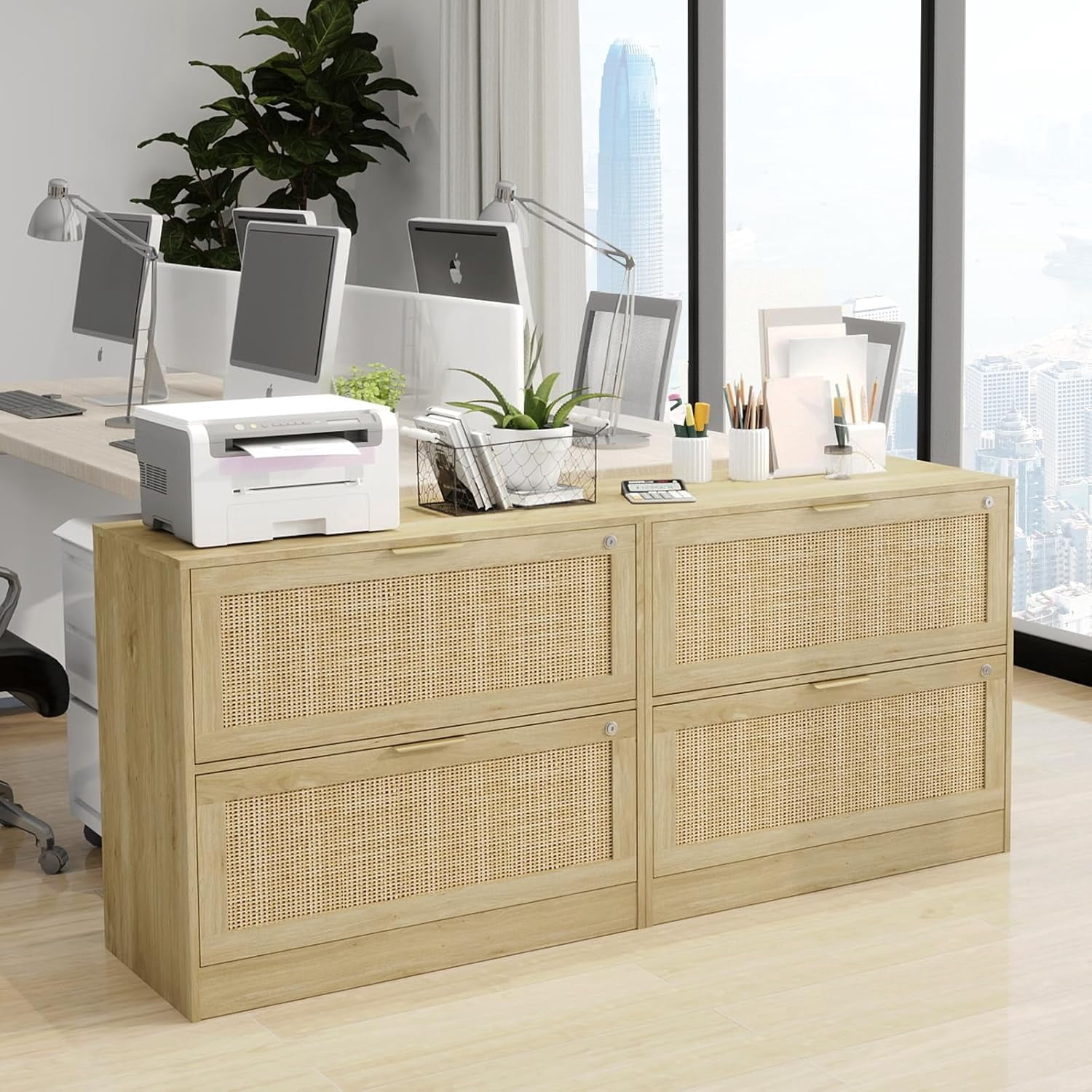 AODAILIHB File Storage Cabinet, Under Desk 2-Drawer File Cabinet, Locking Wooden Rattan File Cabinet