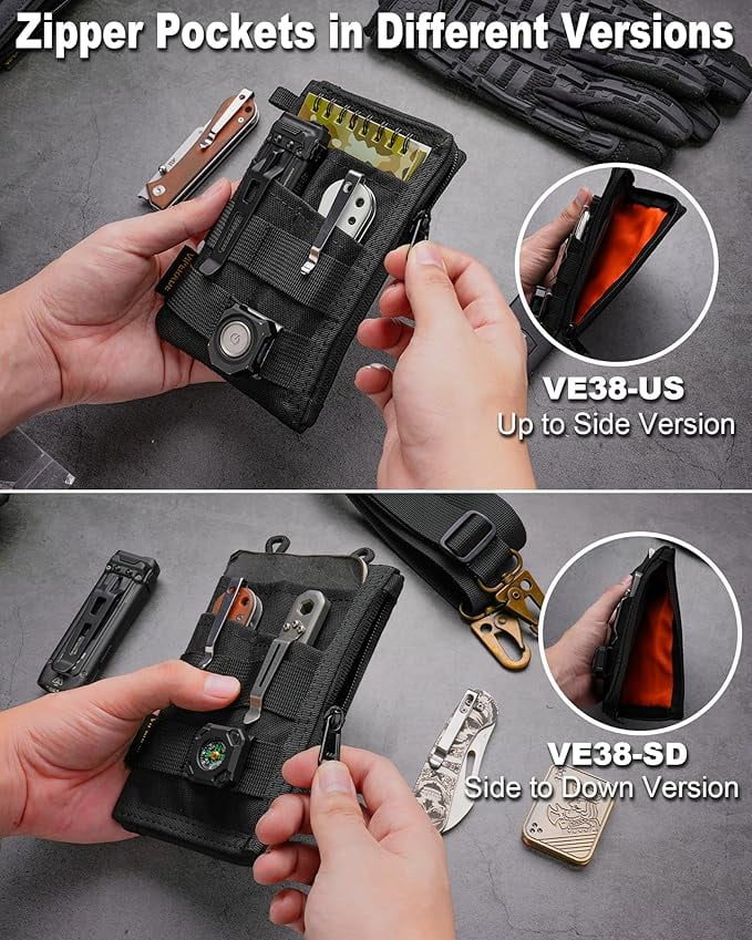 VIPERADE VE38 EDC Pocket Organizer, Slim EDC Wallet with 2 Zipper Pockets, EDC Pouch - 3 EDC Slots with 1 Larger Pocket for Flashlight, Multitool, Pen, Notebook