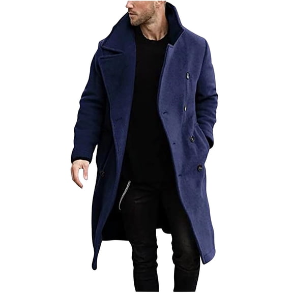 Bazeneo Trench Coat Men Wool Blend Winter Overcoat Mid Length Double Breasted Peacoats Long Sleeve Heavyweight Business Coats Solid Colour Regular Fit Windbreaker Mens Casual Outwear