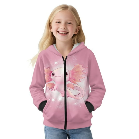 Xoenoiee Pink Axolotl Star Print Hoodies for Girls Fleece Full Zip Up Sweatshirts Long Sleeve Hooded Sweatshirt Lightweight Jumpers Hooded Jacket Sports Shirt with Pocket, S