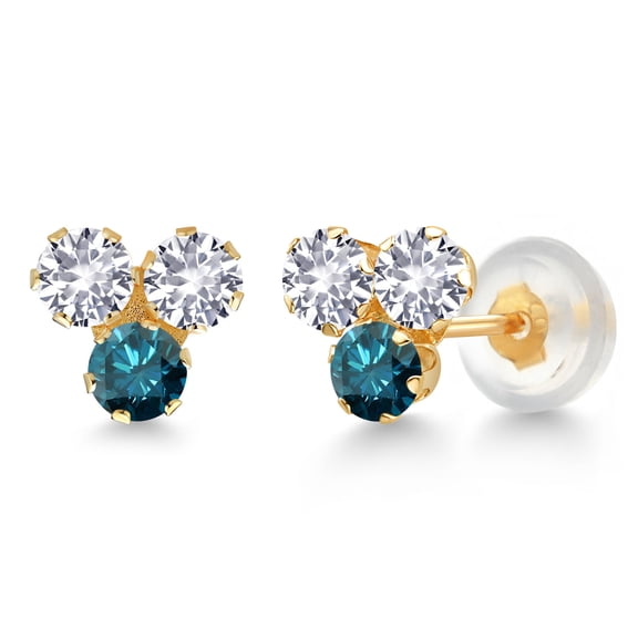 Gem Stone King 14K Yellow Gold White Created Sapphire and Blue Diamond Three Stone Stud Earrings for Women (0.72 Cttw, Gemstone September Birthstone, Round 3MM)
