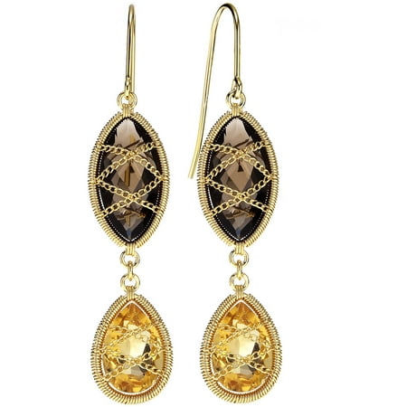 5th & Main 18kt Gold over Sterling Silver Hand-Wrapped Double Drop Smokey Quartz and Citrine Stone Earrings