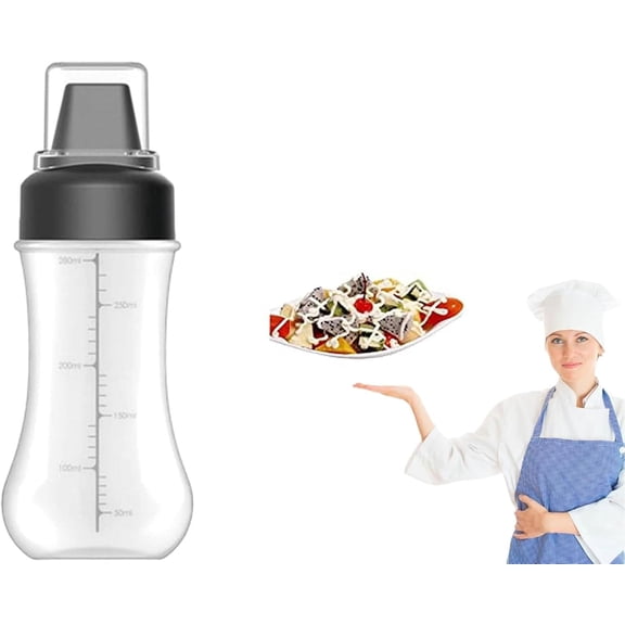 Condiment Squeeze Spray Bottle, 350ml with 5-Hole Dispenser & Dust-Proof Cover, Measurable Sauce Squeeze Bottles for Kitchen, Ketchup, Salad Dressing