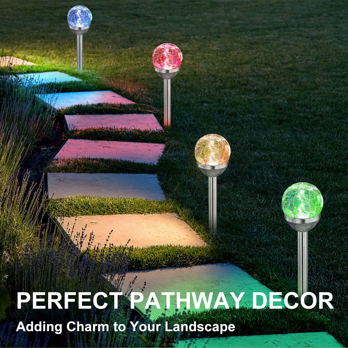 4 Pack Solar Lights Outdoor, Cracked Glass Ball Solar Garden Lights, Decorative LED Landscape Light for Patio Pathway Decor, Multicolor