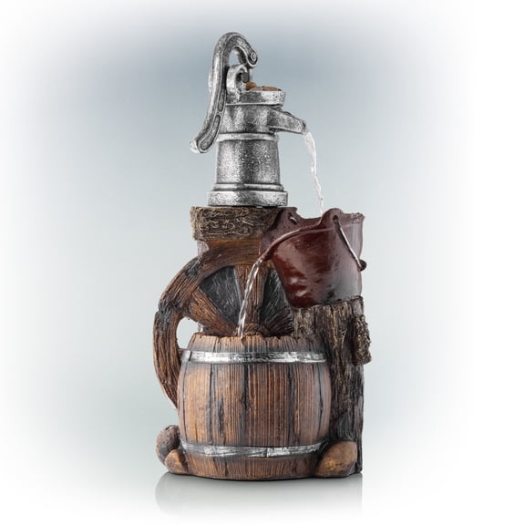 Alpine Corporation WCT688 24" Tall Outdoor Tiered Water Fountain, Old-Fashioned Barrel and Pump Design, Patio and Garden Decor, Brown