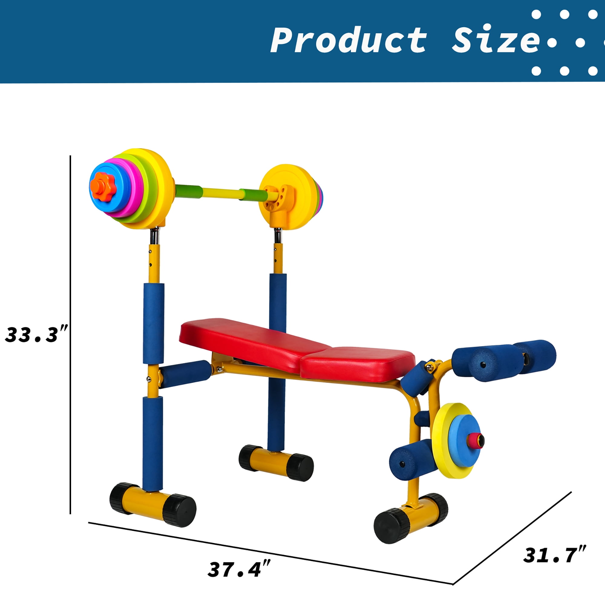 Easy Playhouse: Kids Weight Bench Press - Colorful Adjustable Barbell Rack, Toy Exercise Equipment, Water-Sand Fillable Plates, Foam Wrapped Frame