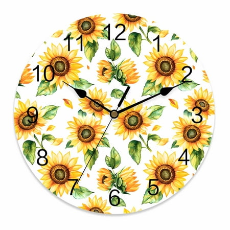 Silent Wall Clocks Battery Operated, Floral Botanical Print Round Decorative Wall Clock for Living Room Bedroom Kitchen Bathroom Classroom Decor, 10 Inch Watercolor Sunflower Pattern