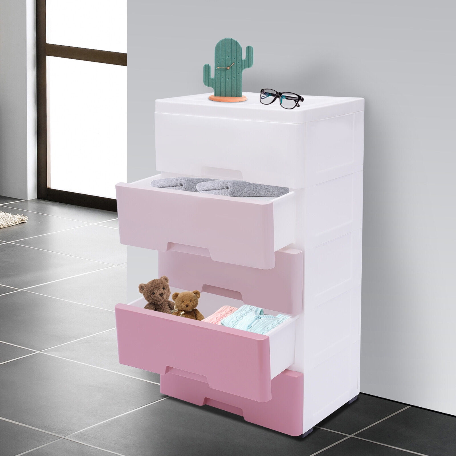 Wuzstar Tall Dresser Storage Chest Pink Plastic Drawers Dresser 5 Drawer Dresser Storage Tower Stand for Clothes, Toys, Closet