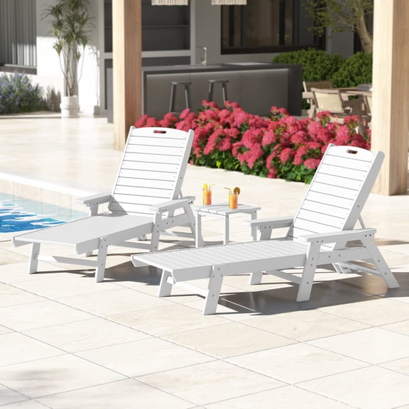 WestinTrends Malibu 3-Piece Outdoor Chaise Lounge Set with Side Table, All-Weather Poly Lumber, 5-Position Backrest, Pool Patio Furniture, White