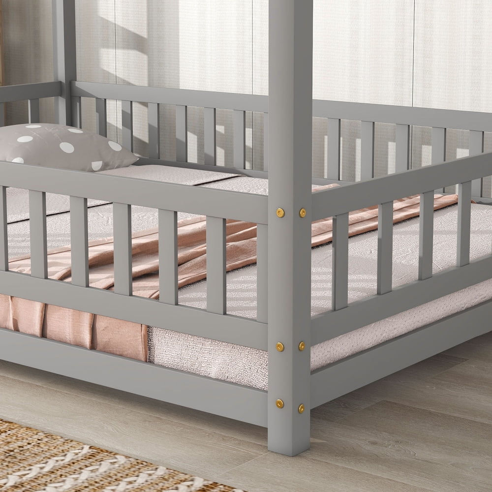 JINS and VICO Kids Girls Boys Full Montessori Pine / Plywood Floor Bed with Roof Design, Gray