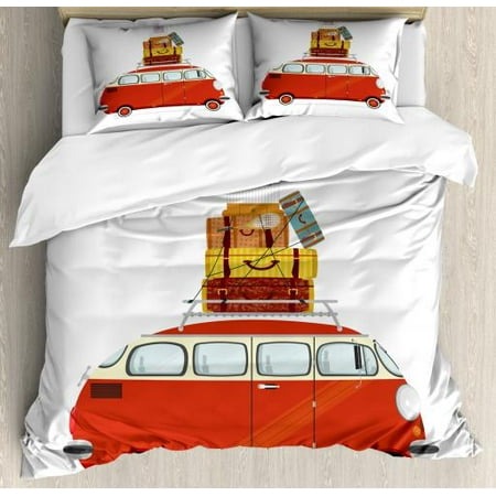 Camper Queen Size Duvet Cover Set, Cartoon Style Retro Minivan with Suitcases and Bird Cage Traveling Theme Holiday, Decorative 3 Piece Bedding Set with 2 Pillow Shams, Multicolor, by