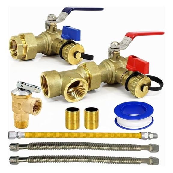Inc - 3/4 Inch IPS Female Threaded Complete Tankless Water Heater Kit with Pressure Relief Water and Gas Connectors - Compatible with Most Tankless Water Heater Brands