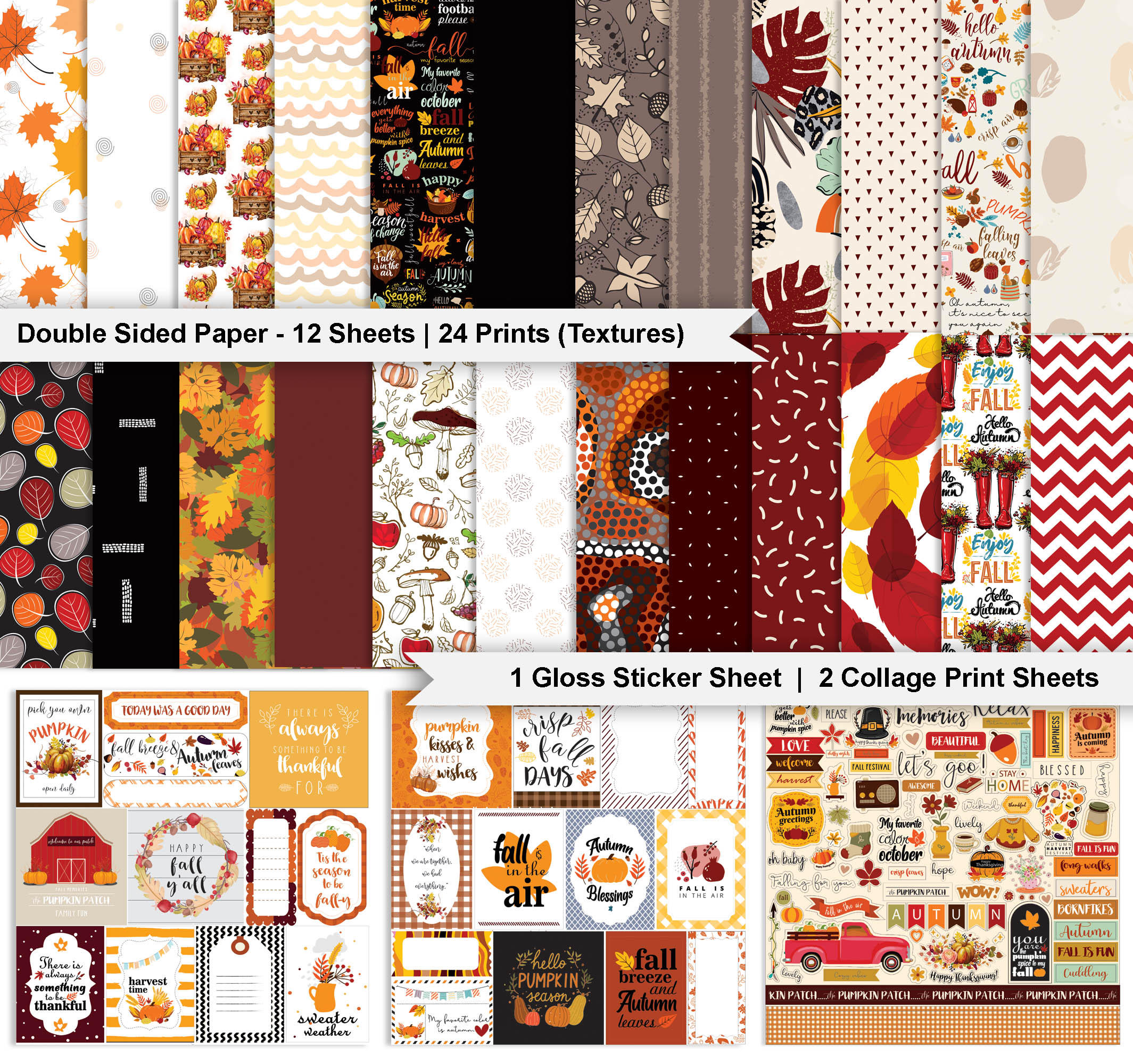 Inkdotpot Autums Fall break Collection Double-Sided Scrapbook Paper Kit Cardstock 12"x12" Card Making Paper Pack With Sticker Sheet - 16 Pages - Orange & Black