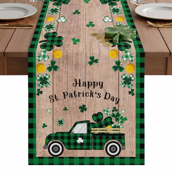 St.Patrick's Day Table Runner 13 x 60 Inch, Green Buffalo Plaid Truck Shamrocks Washable Cotton Linen Dining Table Runner Tabletop Decorations for Restaurant Home Kitchen Party