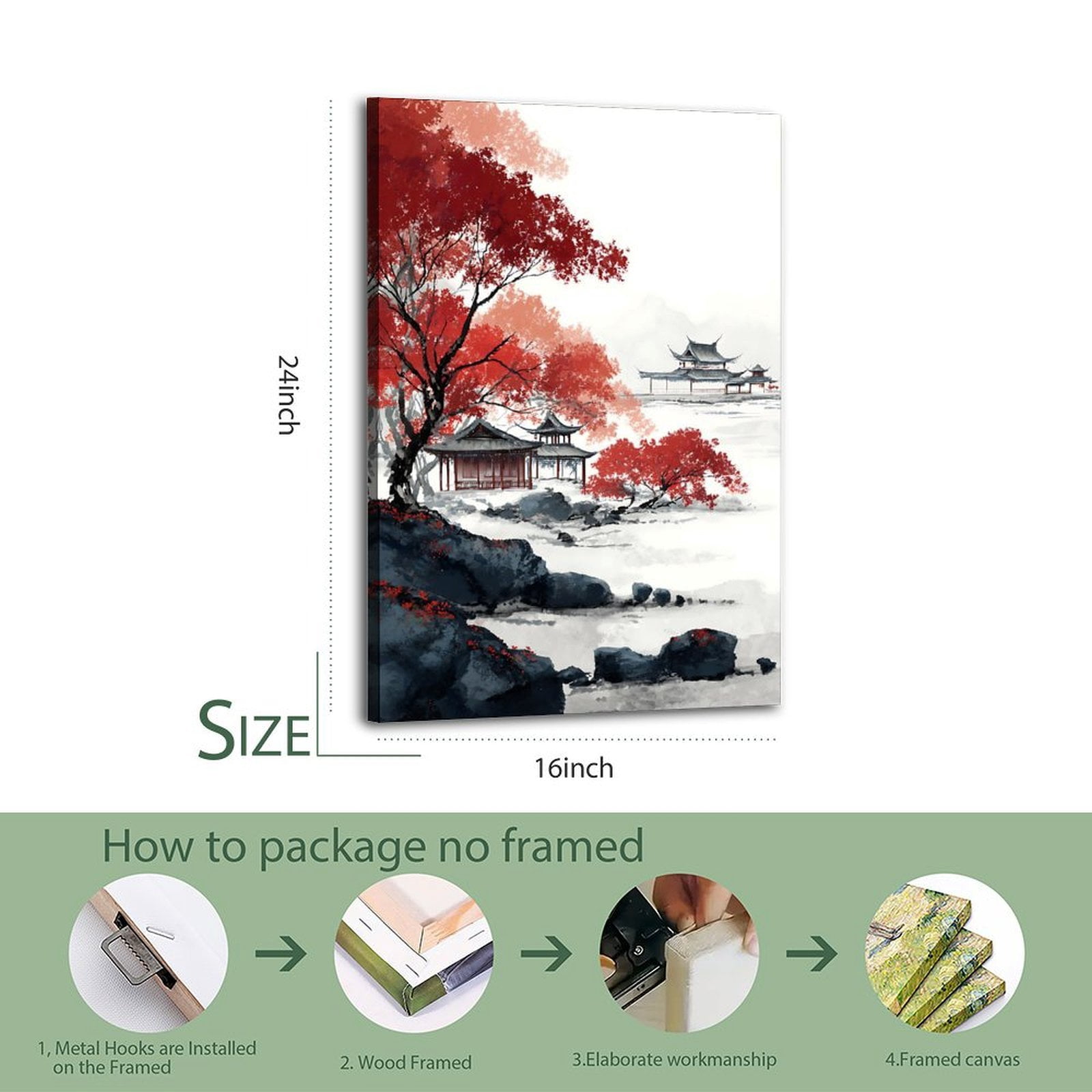 Larbulse  Chinese Landscape Black Pavilions Rock Red Trees Ink Painting Canvas Wall Art Home Decor Poster Vintage Funny Print Picture Abstract Bedroom Living Room Kitchen Posters Decor