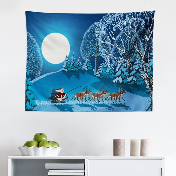 Christmas Tapestry, New Year Words Penguins with Hats and Scarf Snowflakes Theme, Fabric Wall Hanging Decor for Bedroom Living Room Dorm, 2 Sizes, Blue Red, by Ambesonne