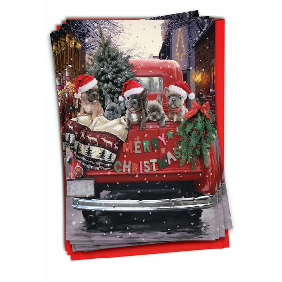 The Best Card Company 12 Christmas Greeting Cards Boxed Set with 5 x 7 Inch Envelopes (1 Design, 12 Each) Red Truck Puppies-Buddies C3375JXSG-B12x1