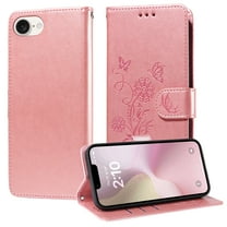 Compatible with iPhone 16e Wallet Case with Card Holder & Cash Slot [RFID Blocking],Wallet Wristlet Pressed Butterfly Flower PU Leather Magnetic Flip Folio Cover for Women Men,Pink