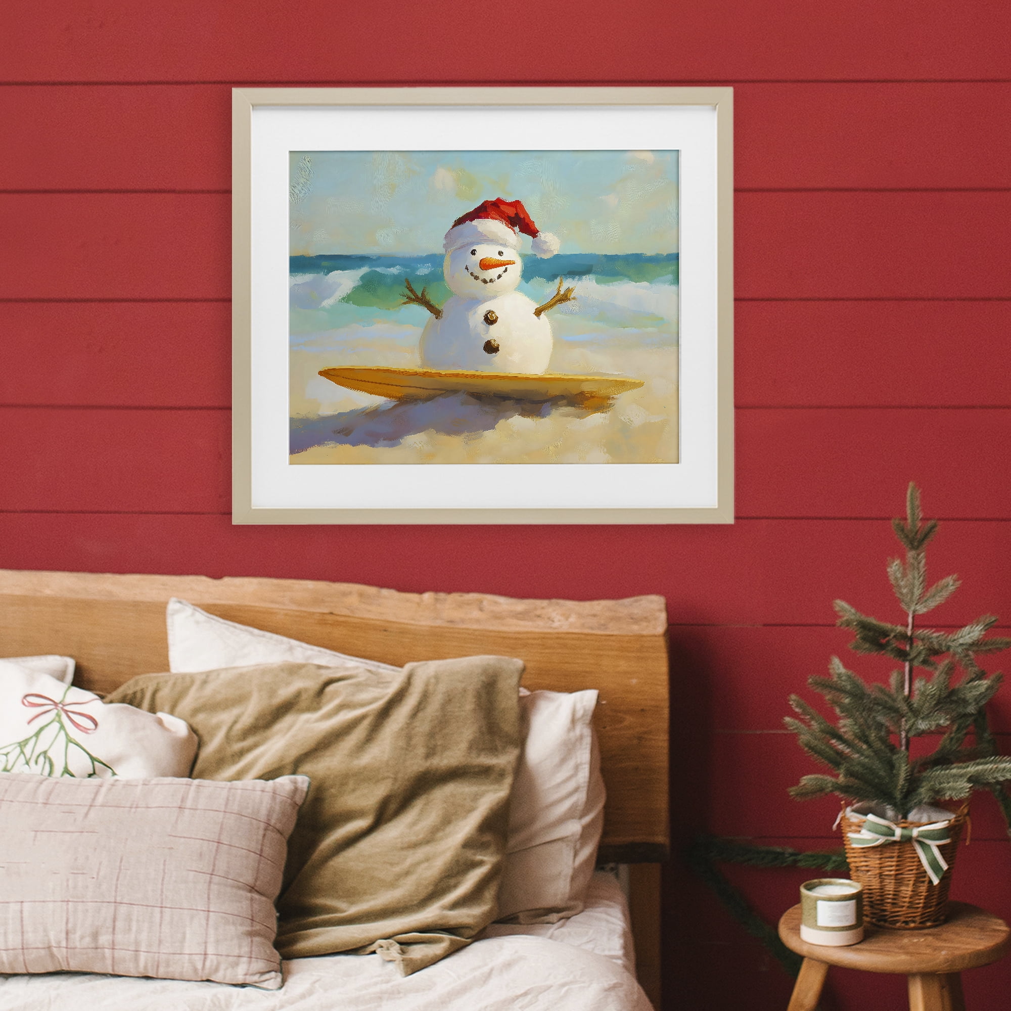 Stupell Industries Surfer Snowman on Beach Birch Framed Print Under Glass, design by The Prints Vibe