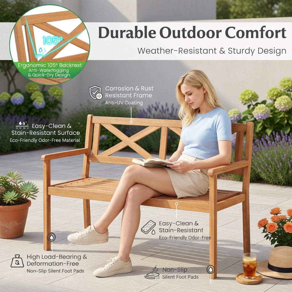 Hommoo 2-Person Acacia Wood Patio Bench with Armrests & Ergonomic Backrest, Teak Outdoor Garden Chair for Deck, Porch, Poolside, Natural