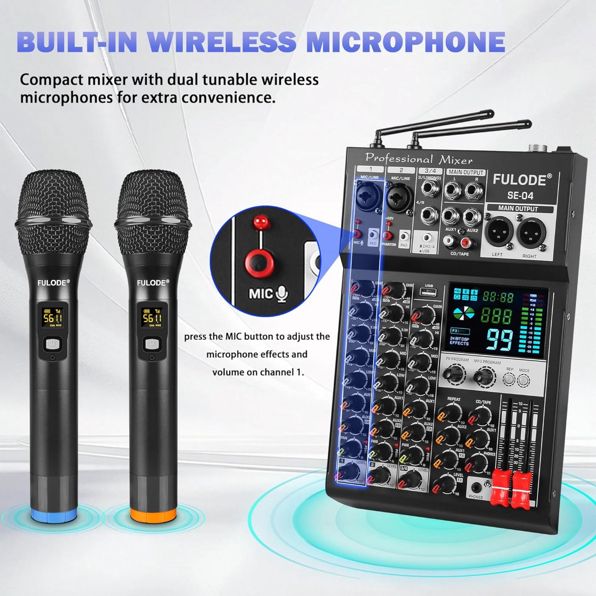Audio Mixer, 4 Channel Sound Mixing Board With Dual Wireless Microphone & 99DSP, Professional DJ Console W/ MP3 Bluetooth 48V Phantom Power PAD USB Interface for Recording Home Karaoke Live Streaming