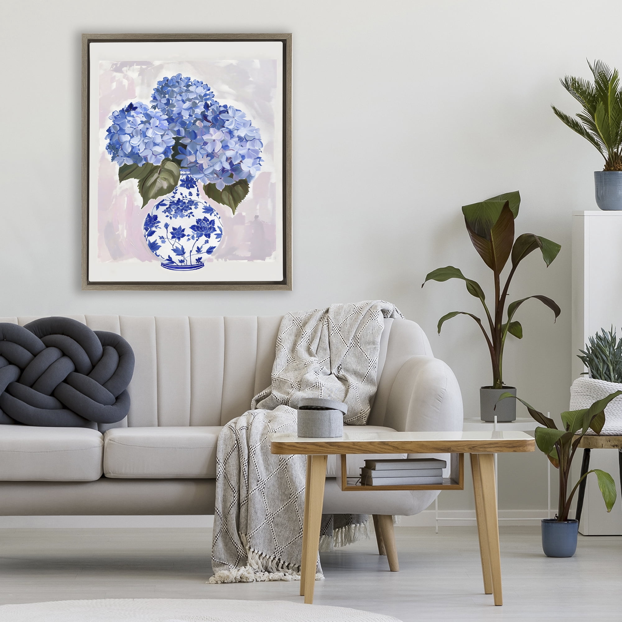 Stupell Industries Blue Hydrangea in Porcelain Vase Brown Framed Floater Canvas Wall Art, design by The Prints Vibe