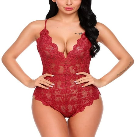 LEEYNEER Women Lace Bodysuit One Piece Babydoll Mini Teddy V Neck Lingerie Red XL