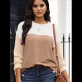 thumbnail image 4 of Moda para Mujer 2025, Camisetas Holgadas Informales de Punto con Cuello Redondo y Larga con Bloques de Color y Caqui S, 4 of 7