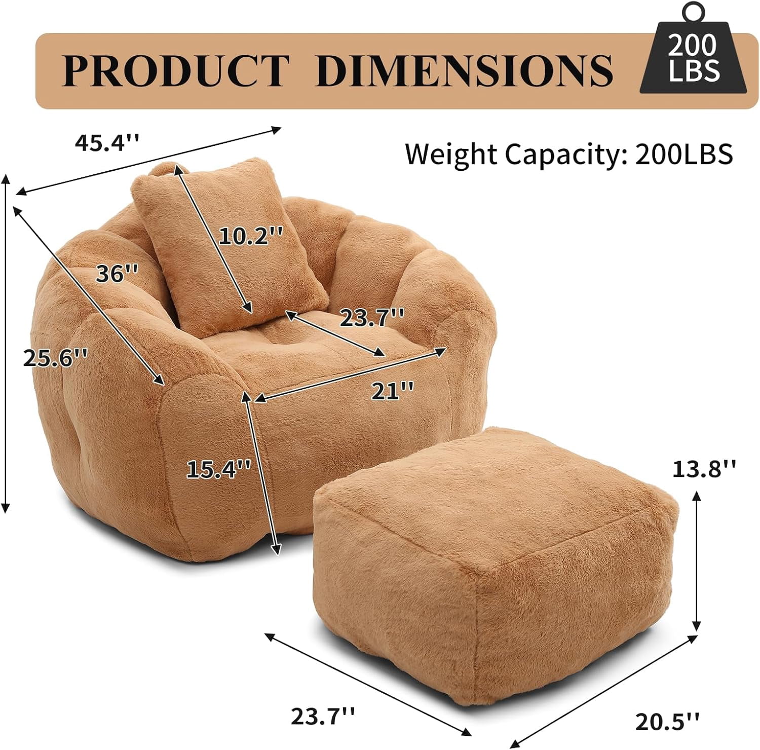 Howcool Giant Oversized Bean Bag Chair with Footstool,45.4" Faux Fur Shell-Shaped Lounge Chair,Pre-Filled Foam Floor Sofa for Adults & Kids, Comfy Gaming Reading Chair for Living Room Bedroom, Khaki