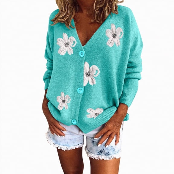 Towmus Women Flower Print Single- Long Sleeve Knitwear Cardigan Winter V-neck Pullover Cute Cardigan Sweaters