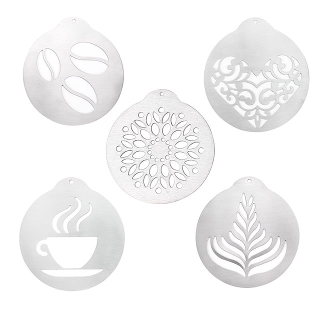 5pcs Plantillas de café de acero inoxidable Plantillas de decoración de café Barista Cappuccino Arts Plantillas para decorar Avena Magdalena Café Guirnalda Molde Herramienta decoración de pasteles