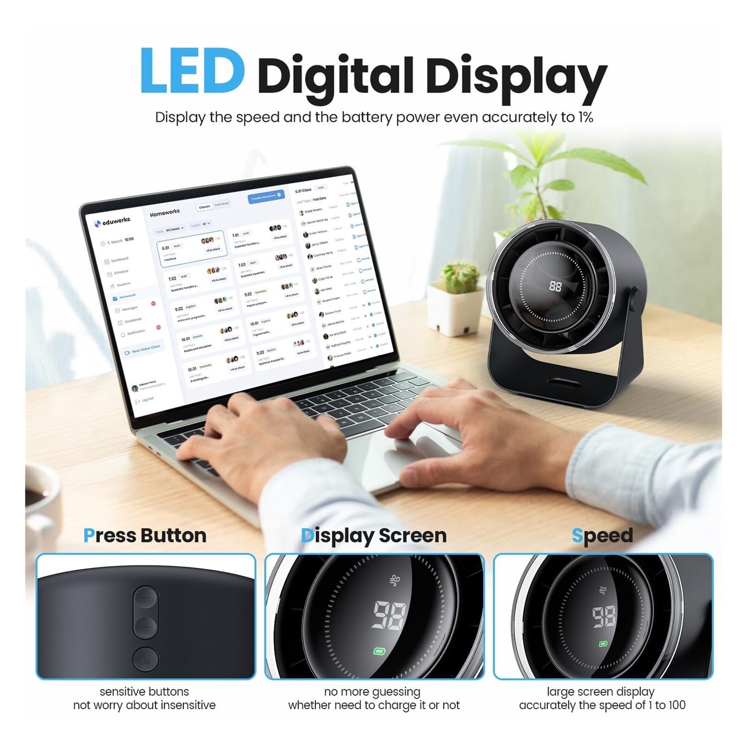 Desk Fan with Battery Operated, Quiet Digital Display Portable Fan for Office, Bedroom, Kitchen, Home, Outdoor, 100 Speeds 115° Tilt Small Travel Camping Table Fan,Bluish Black