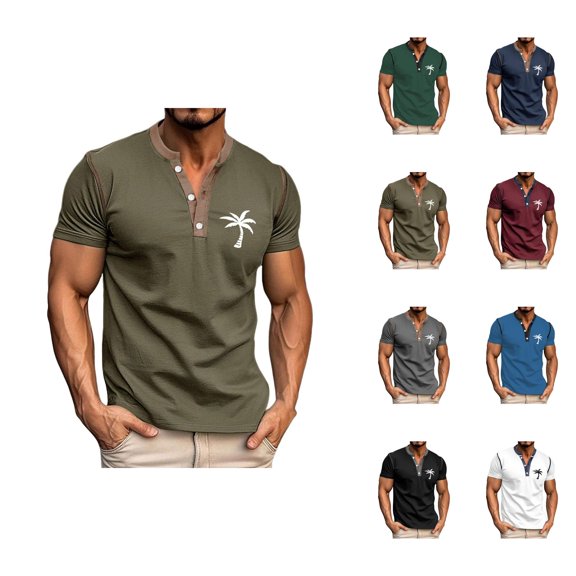 Henley Shirts for Men Summer Short Sleeve Casual Coconut Tree Graphic T Shirts Beach Vacation Outfits