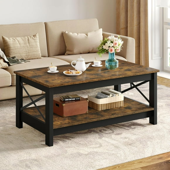 YITAHOME Coffee Tables for Living Room, Modern Farmhouse Coffee Table with Storage, 2-Tier Center Table for Living Room Wood Table Accent Cocktail with Sturdy Frame, Rustic Brown