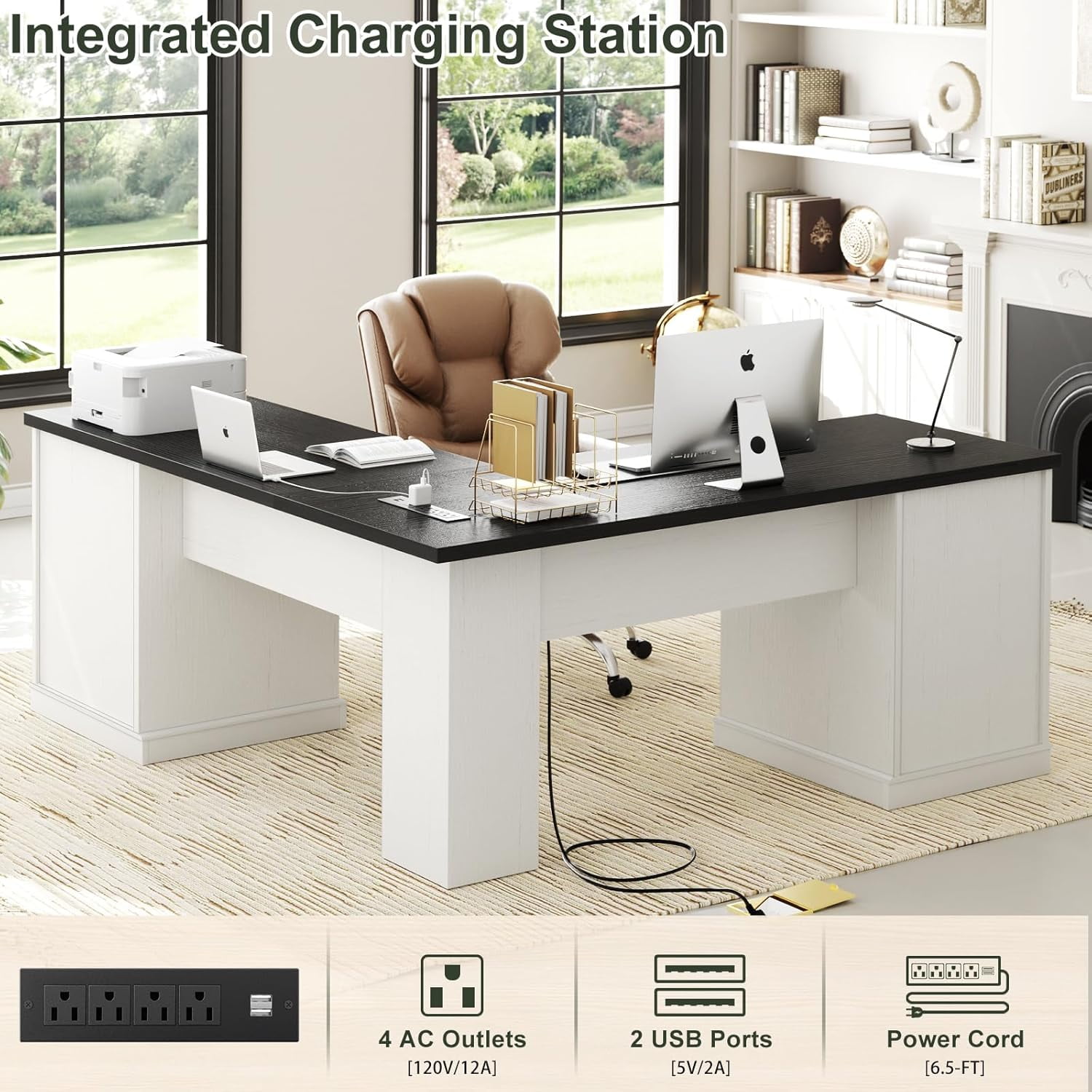 Homieasy L Shaped Executive Desk with File Drawers, 60" Corner Computer Desk with Power Outlets, Large 2 Person Home Office Table with Storage Cabinet, Sturdy Writing Desk, White and Black