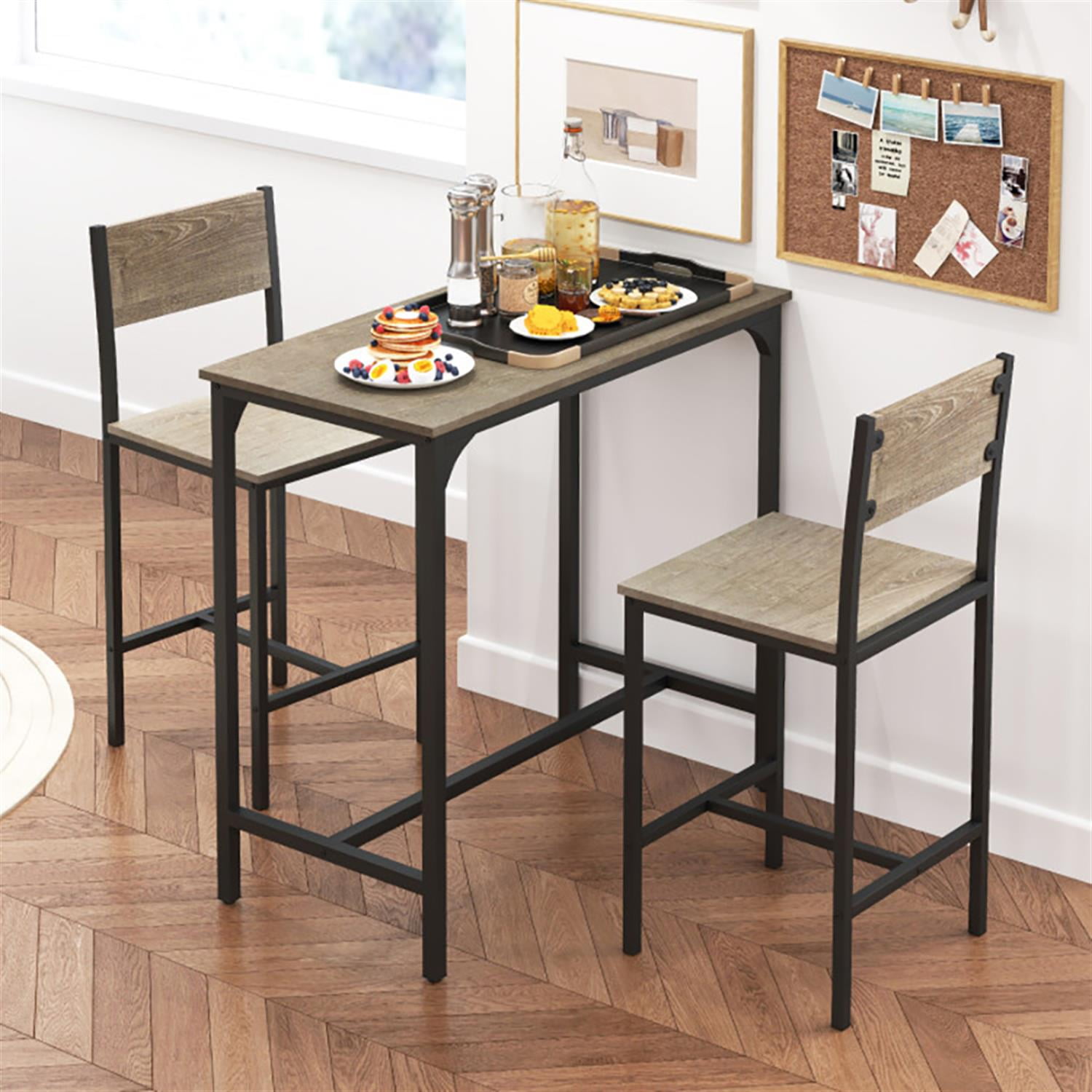 Demi Bonn 3-Piece Bar Table Set with Backrest and Footrest, 35" Wooden Square Kitchen Dining Table Set, Perfect for Small Space, Gray