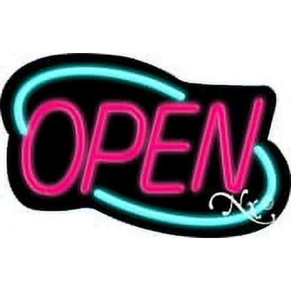 Deco Style Pink Open With Aqua Border LED Neon Sign 14" Tall x 22" Wide, Black Square Cut Acrylic Backing, with Dimmer - Bright and Premium built indoor LED Neon Sign for storefront.