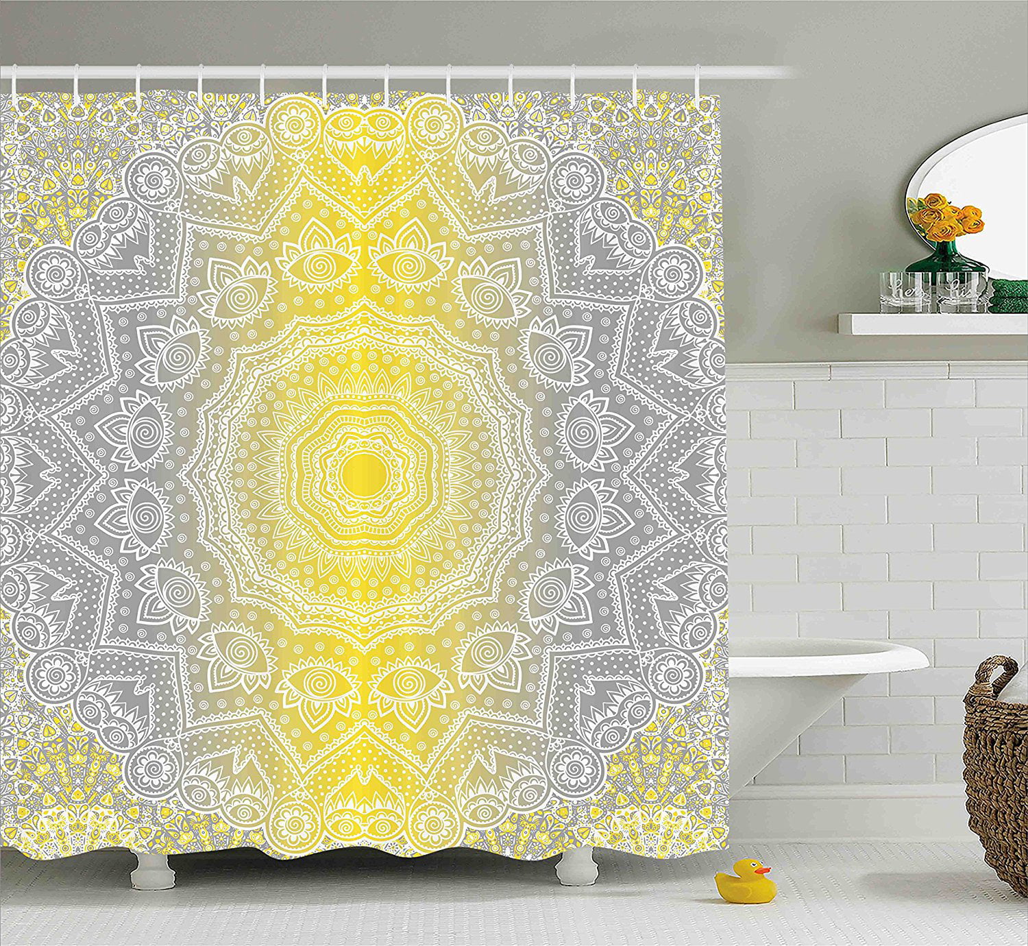 Grey and Yellow Shower Curtain Boho Ombre Old Print for Bathroom 