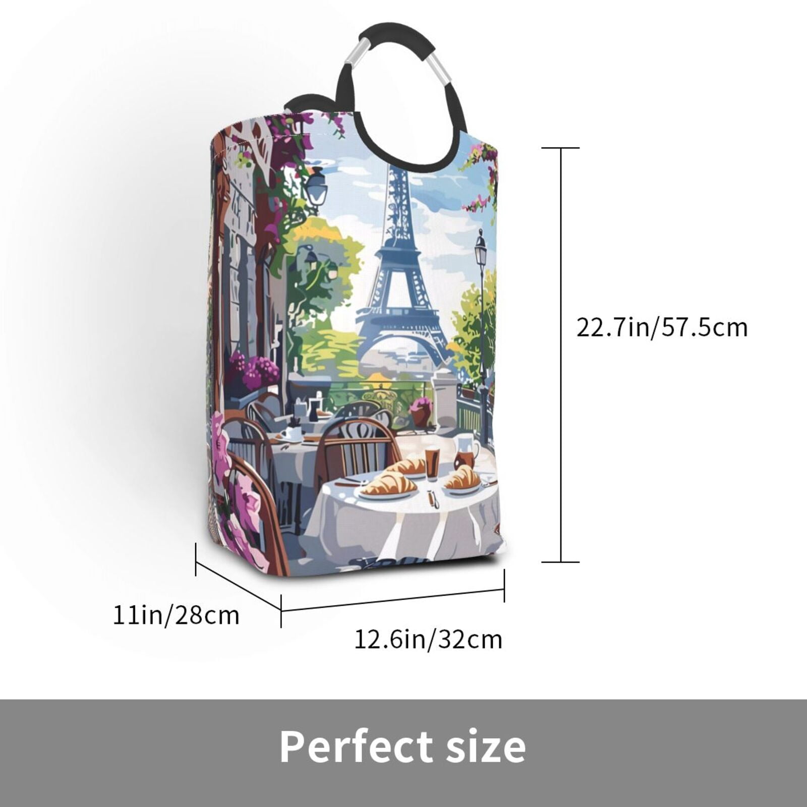 Xecao Parisian Cafe With Eiffel for Laundry Basket,Collapsible Large Laundry Hamper,Wash Bag for Laundry Room, Rolling Laundry Basket with Handles