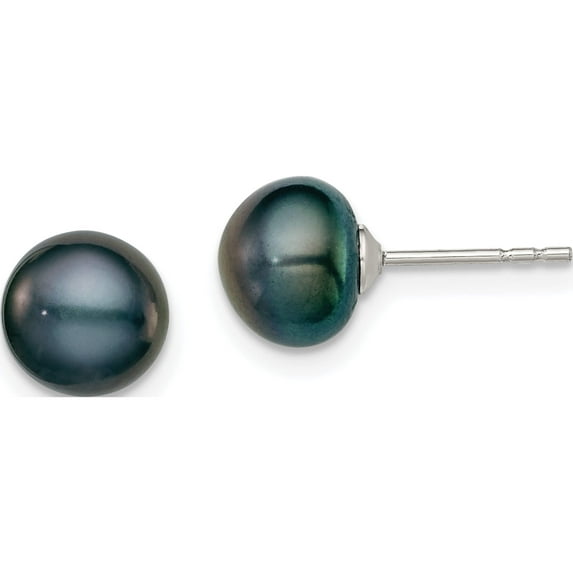 Sterling Silver Rh-Plated 7-8mm Black Fw Cultured Button Pearl Stud Earring Made In Canada qe12668