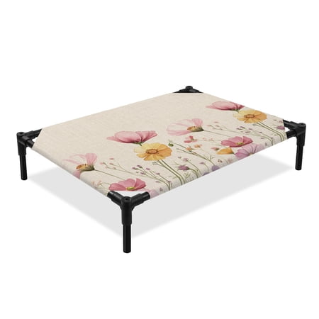Spring Floral Elevated Dog Bed Watercolor Plant Leaf Country Linen Texture Cooling Breathable Outdoor Raised Dog Cot Bed with Metal Frame Non-Slip Feet for Large Dog 28x22in