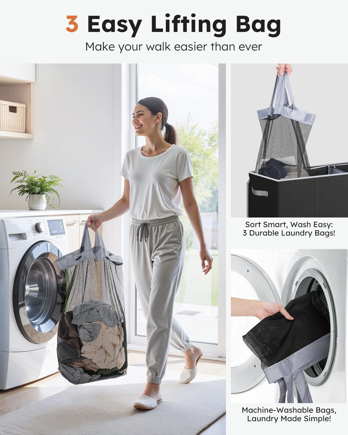 3 Section, Extra Large Laundry Hamper with Lid, Dirty Clothes Hamper with Sturdy Handle, Large Laundry Basket Organizer for Laundry Room, Bedroom, Hampers for Laundry
