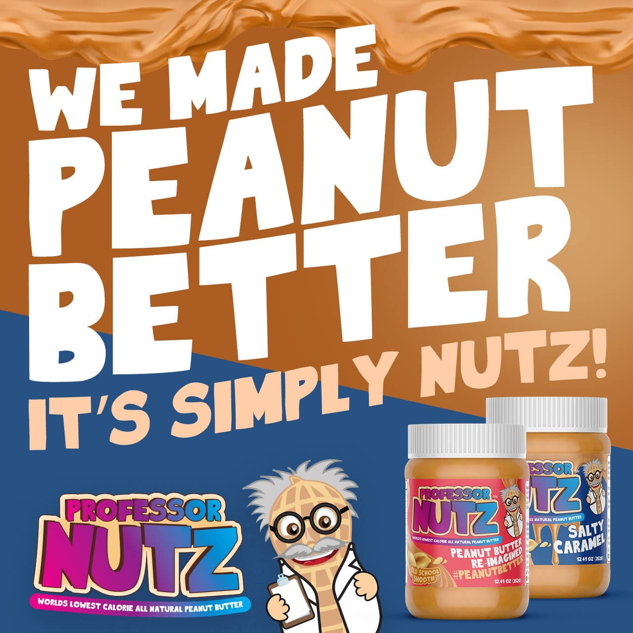 Professor Nutz Organic Peanut Butter- Low Calorie, Nut Butter, Natural Peanut Butter, Natural Fiber, Healthy Peanuts, Great source of Protein, 30 Essential Vitamins & Minerals - 12.41 Oz, Original Original 12.41 Ounce (Pack of 1)