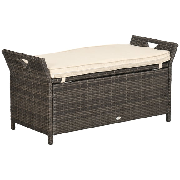 Outdoor Wicker Storage Bench, Cream White PE Rattan Patio Seat with Large Capacity