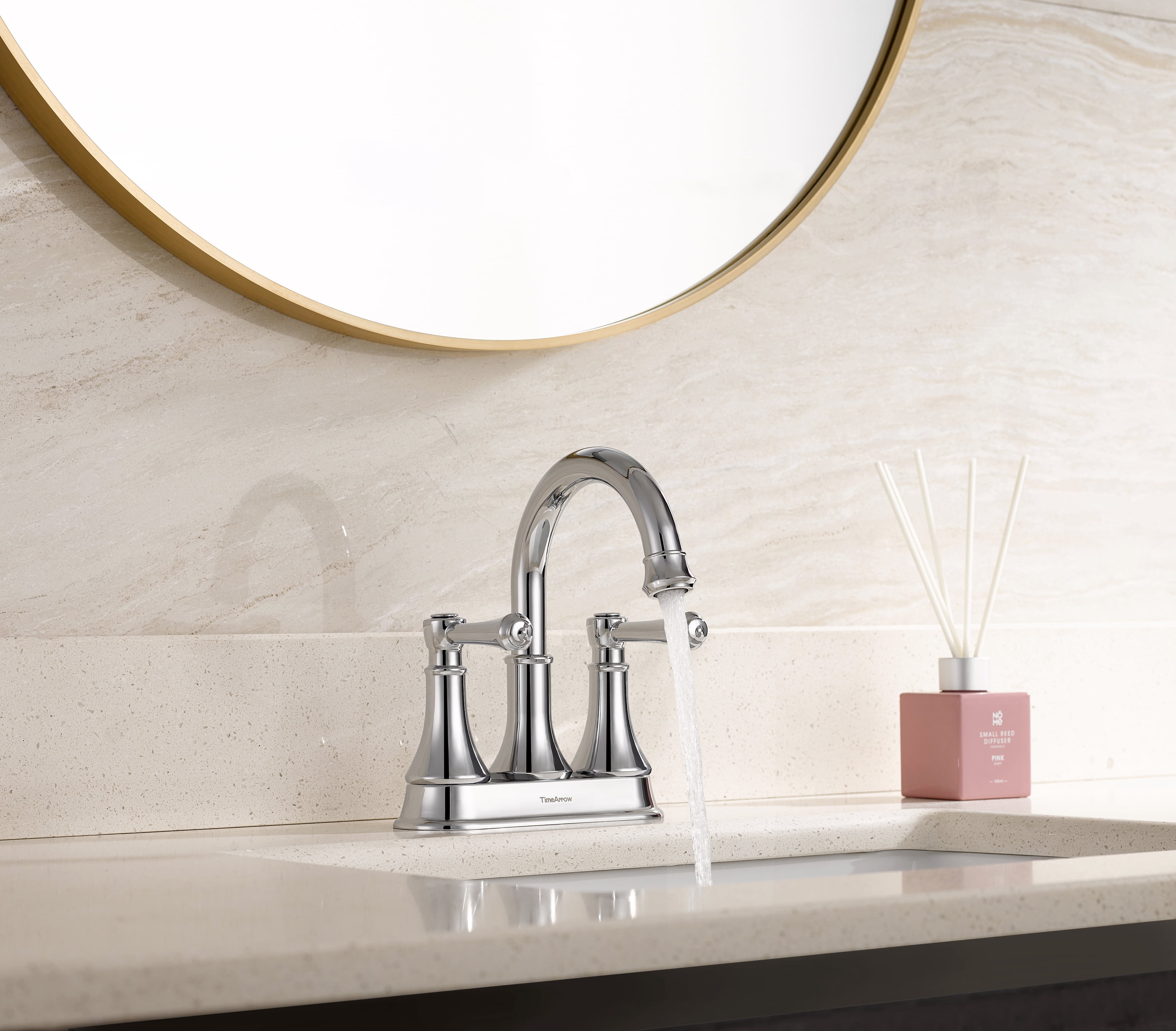 TimeArrow Chrome 4 Inch Bathroom Sink Faucet Vanity Lavatory Faucet for 3 Holes with Pop up Drain and 360° Swivel Brass Spout, TAF067Y-CP